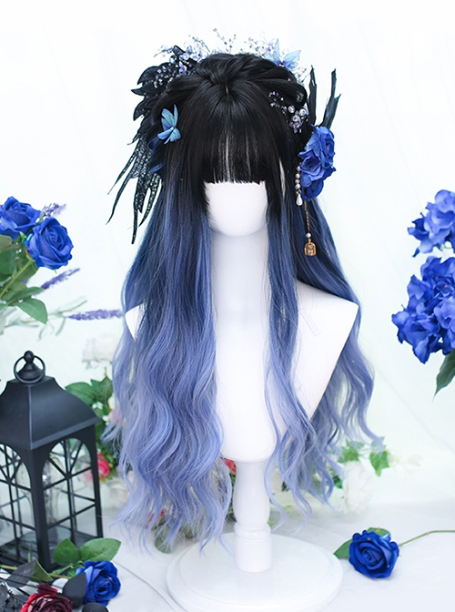 Black Blue Gradient Fashion Qi Bangs Big Wavy Long Curly Hair Classic Lolita Wig