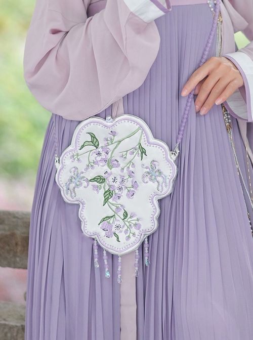 Chinese Style Hanfu Wisteria Embroidery White Purple Tassel Classic Lolita Handheld Shoulder Bag