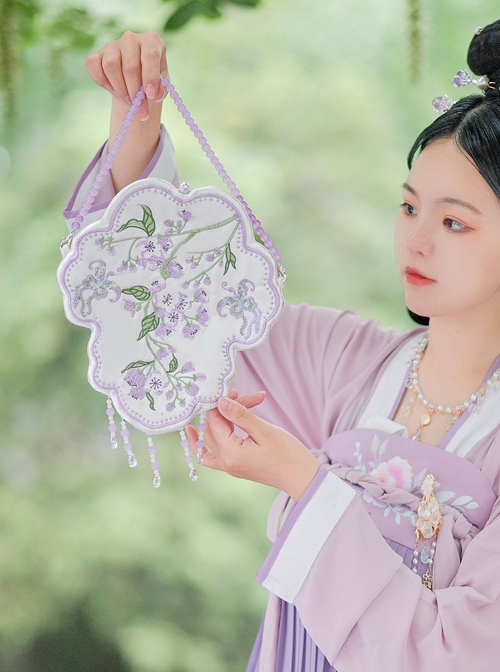 Chinese Style Hanfu Wisteria Embroidery White Purple Tassel Classic Lolita Handheld Shoulder Bag