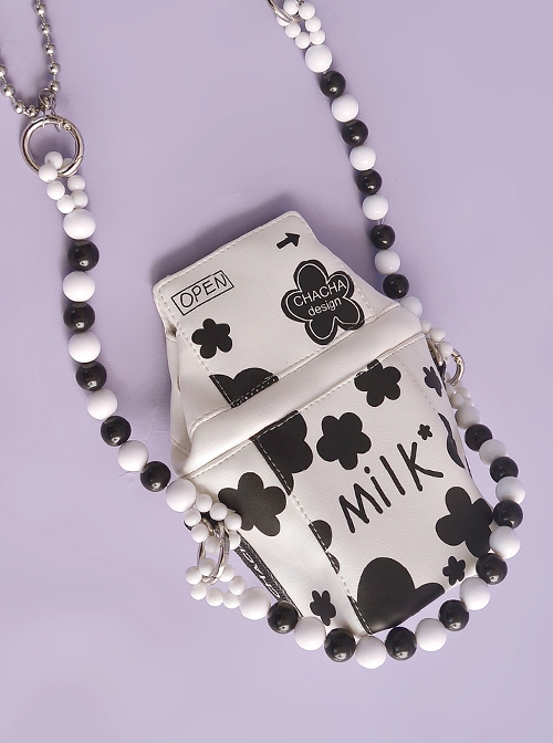 Summer Cute Black White Milk Box Design Printing Handmade Beading Decoration Phone Bag Sweet Lolita Portable Messenger Bag