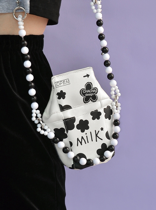 Summer Cute Black White Milk Box Design Printing Handmade Beading Decoration Phone Bag Sweet Lolita Portable Messenger Bag