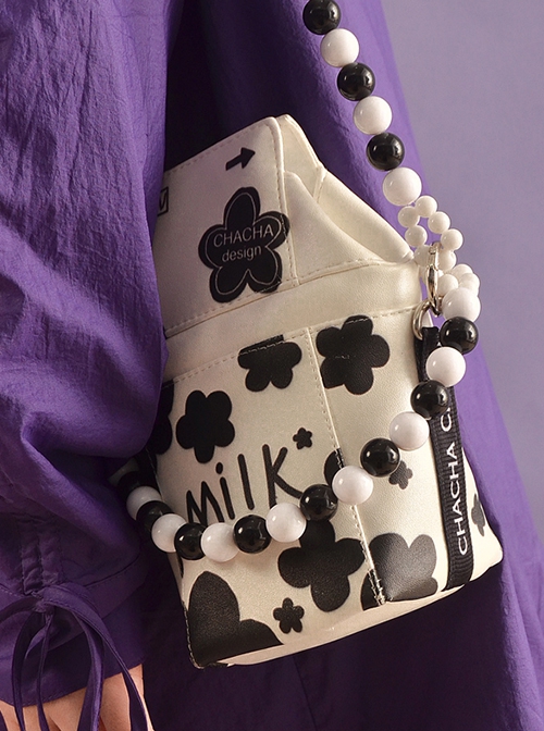 Summer Cute Black White Milk Box Design Printing Handmade Beading Decoration Phone Bag Sweet Lolita Portable Messenger Bag