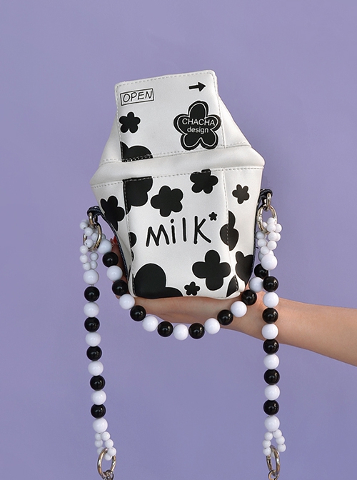 Summer Cute Black White Milk Box Design Printing Handmade Beading Decoration Phone Bag Sweet Lolita Portable Messenger Bag