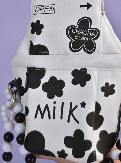 Summer Cute Black White Milk Box Design Printing Handmade Beading Decoration Phone Bag Sweet Lolita Portable Messenger Bag