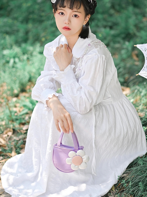 Purple Mini Flower Decoration Handwork Beaded Shoulder Strap Sweet Lolita Portable Shoulder Bag