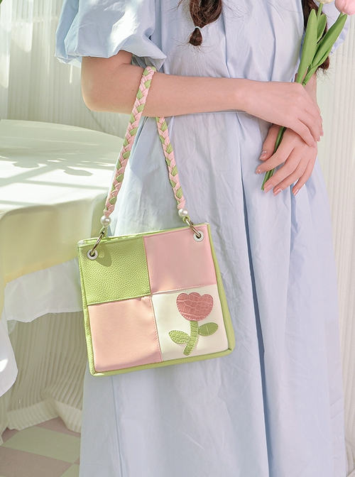 Candy Color Tulip Contrasting Color Stitching Design Detachable Handwoven Shoulder Strap Sweet Lolita Portable Shoulder Bag