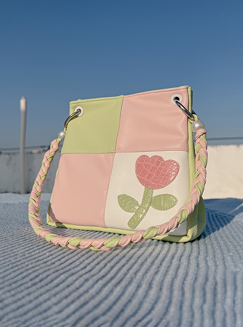 Candy Color Tulip Contrasting Color Stitching Design Detachable Handwoven Shoulder Strap Sweet Lolita Portable Shoulder Bag