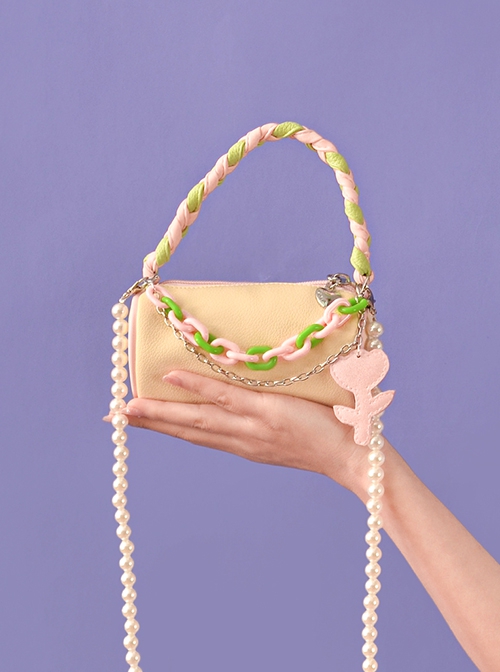 Milk Yellow Summer Woven Straps Tulip Acrylic Chain Decoration Cylinder Bag Sweet Lolita Portable Shoulder Bag