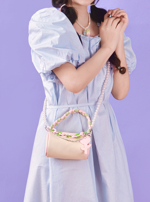 Milk Yellow Summer Woven Straps Tulip Acrylic Chain Decoration Cylinder Bag Sweet Lolita Portable Shoulder Bag