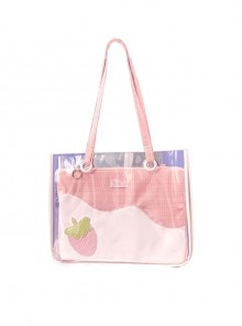 Strawberry Pudding Series Strawberry Stitching Large-Capacity Transparent Dual-Purpose Sweet Lolita Portable Shoulder Bag