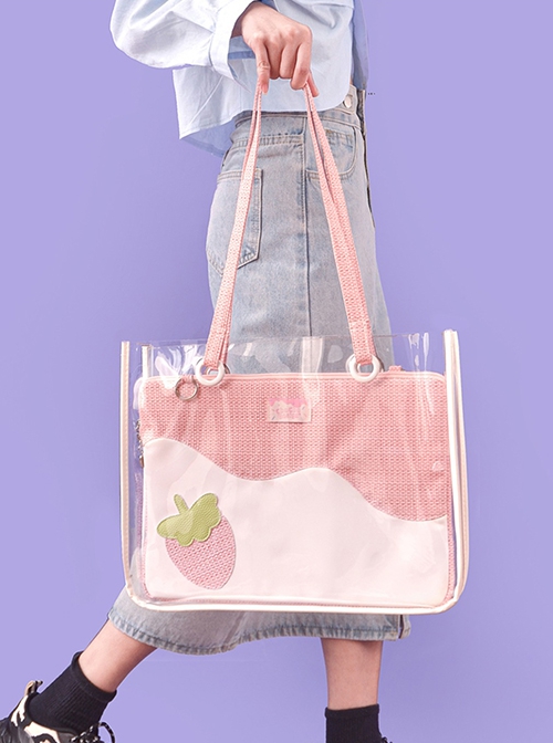 Strawberry Pudding Series Strawberry Stitching Large-Capacity Transparent Dual-Purpose Sweet Lolita Portable Shoulder Bag