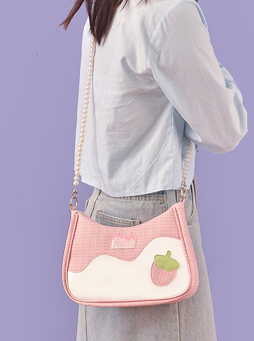 Strawberry Pudding Series Strawberry Decorative Stitching Detachable Shoulder Strap Pink Sweet Lolita Shoulder Messenger Bag