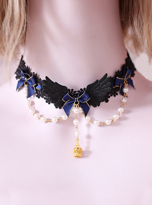 Blue Bowknot Decoration Black Wings Bead Chain Gorgeous Gothic Lolita Necklace