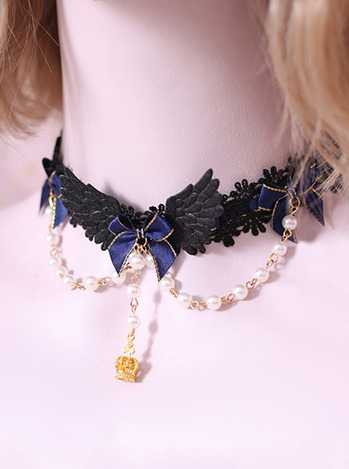 Blue Bowknot Decoration Black Wings Bead Chain Gorgeous Gothic Lolita Necklace