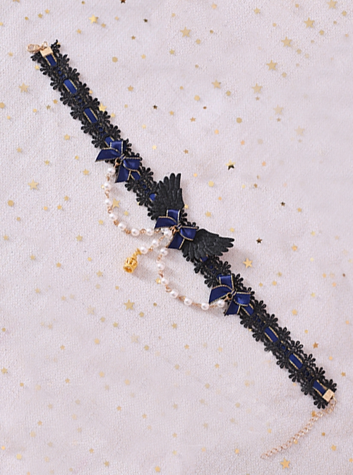 Blue Bowknot Decoration Black Wings Bead Chain Gorgeous Gothic Lolita Necklace