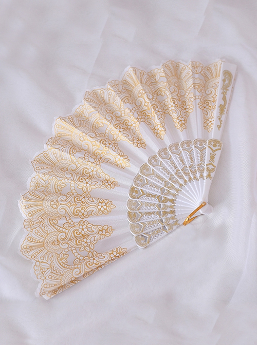 Vintage Golden Lace Black White Bronzing Print Gothic Lolita Fan