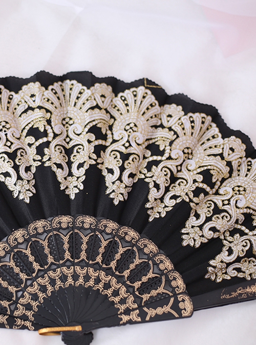 Vintage Golden Lace Black White Bronzing Print Gothic Lolita Fan