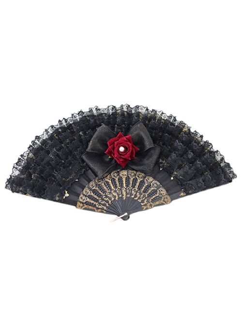 Pure Color Lace Decorate Vintage Bronzing Detachable Bowknot Rose Gothic Lolita Fan