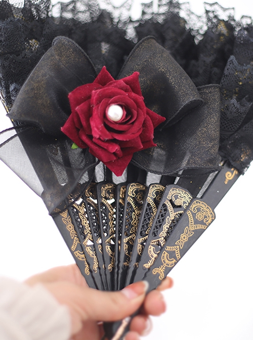 Pure Color Lace Decorate Vintage Bronzing Detachable Bowknot Rose Gothic Lolita Fan