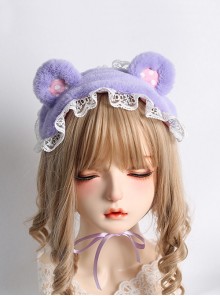 Cute Polka Dot Plush Bear Ears Lace Decoration Sweet Lolita Headband