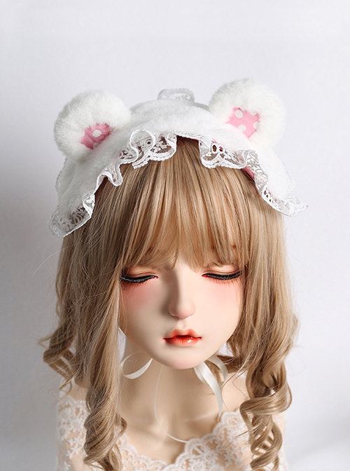 Cute Polka Dot Plush Bear Ears Lace Decoration Sweet Lolita Headband