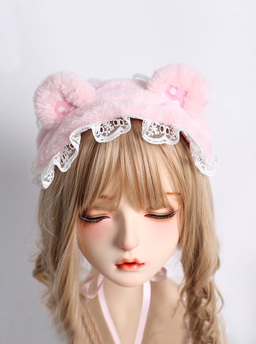 Cute Polka Dot Plush Bear Ears Lace Decoration Sweet Lolita Headband