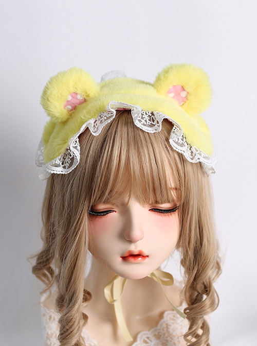 Cute Polka Dot Plush Bear Ears Lace Decoration Sweet Lolita Headband