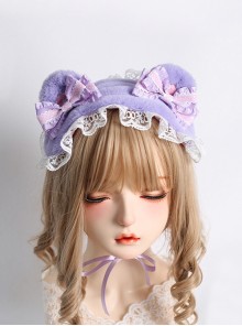 Pure Color Polka Dot Bowknot Lace Decoration Cute Plush Bear Ears Sweet Lolita Headband