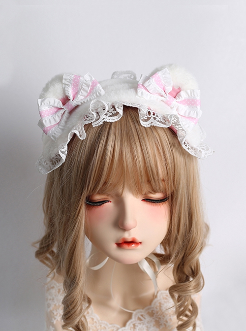 Pure Color Polka Dot Bowknot Lace Decoration Cute Plush Bear Ears Sweet Lolita Headband