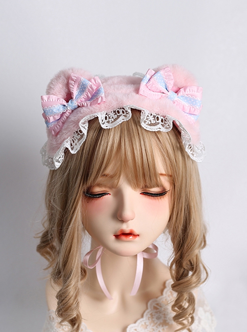 Pure Color Polka Dot Bowknot Lace Decoration Cute Plush Bear Ears Sweet Lolita Headband