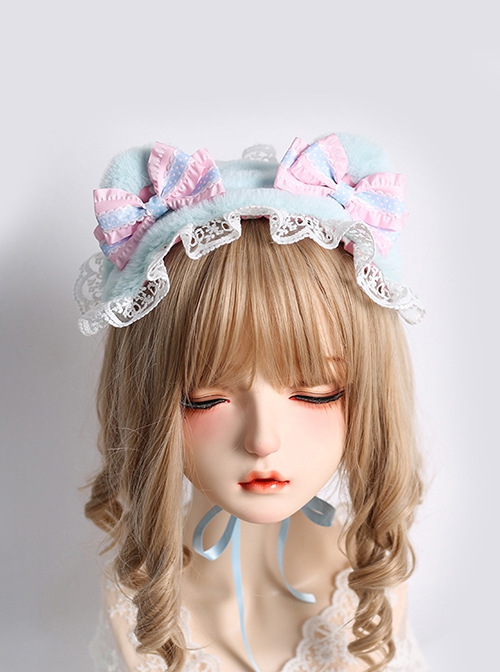 Pure Color Polka Dot Bowknot Lace Decoration Cute Plush Bear Ears Sweet Lolita Headband