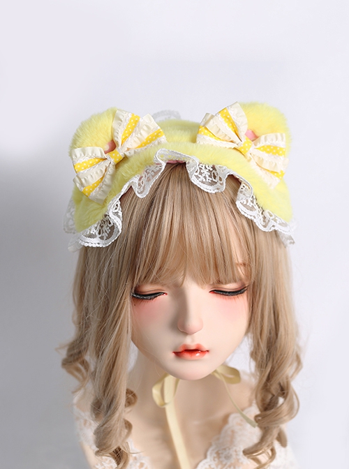 Pure Color Polka Dot Bowknot Lace Decoration Cute Plush Bear Ears Sweet Lolita Headband