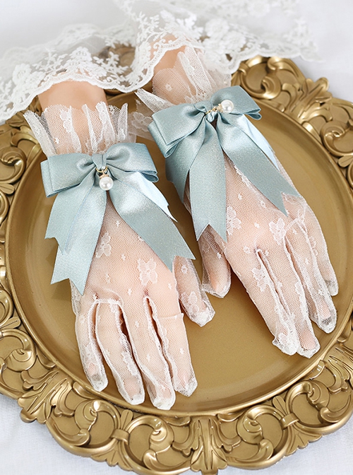 Pure Color Ribbon Bowknot Pearl Decoration Elegant Transparent Classic Lolita Gloves