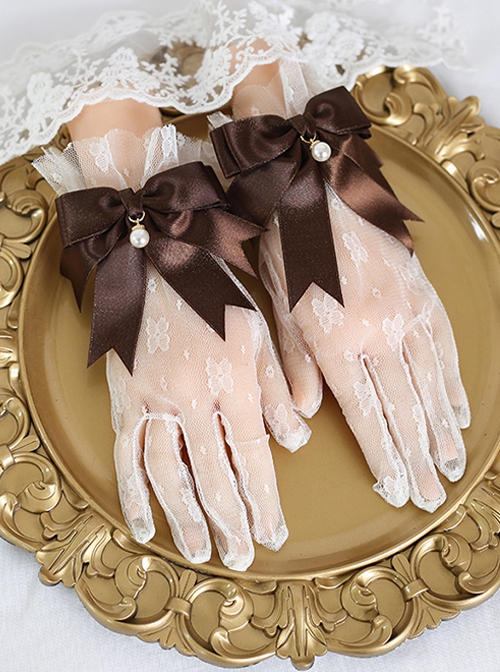 Pure Color Ribbon Bowknot Pearl Decoration Elegant Transparent Classic Lolita Gloves