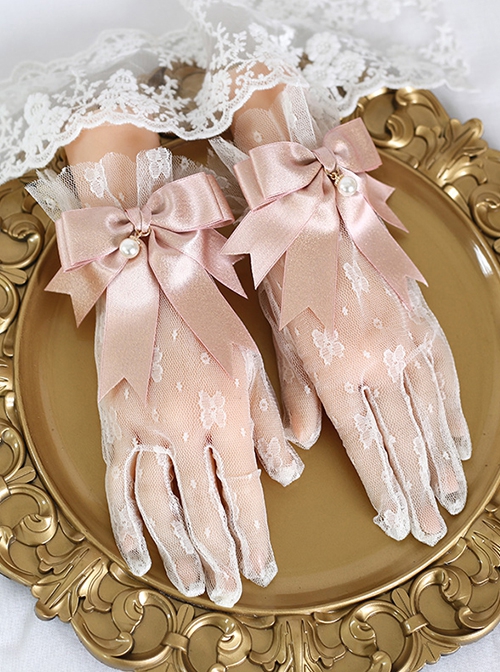 Pure Color Ribbon Bowknot Pearl Decoration Elegant Transparent Classic Lolita Gloves