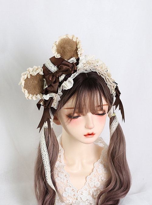 Plush Cute Bear Ears Lace Decorate Ribbon Bowknot Sweet Lolita Top Hat
