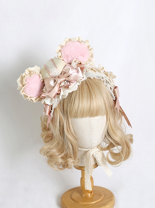 Plush Cute Bear Ears Lace Decorate Ribbon Bowknot Sweet Lolita Top Hat