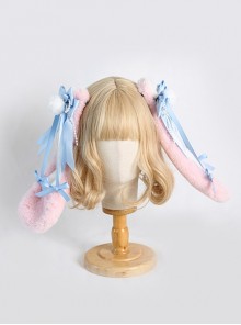 Pink-White Plush Rabbit Ears Detachable Blue Bowknot Cute Lop Eared Rabbit Sweet Lolita Hair Clip