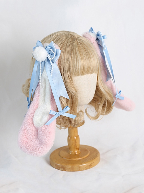 Pink-White Plush Rabbit Ears Detachable Blue Bowknot Cute Lop Eared Rabbit Sweet Lolita Hair Clip