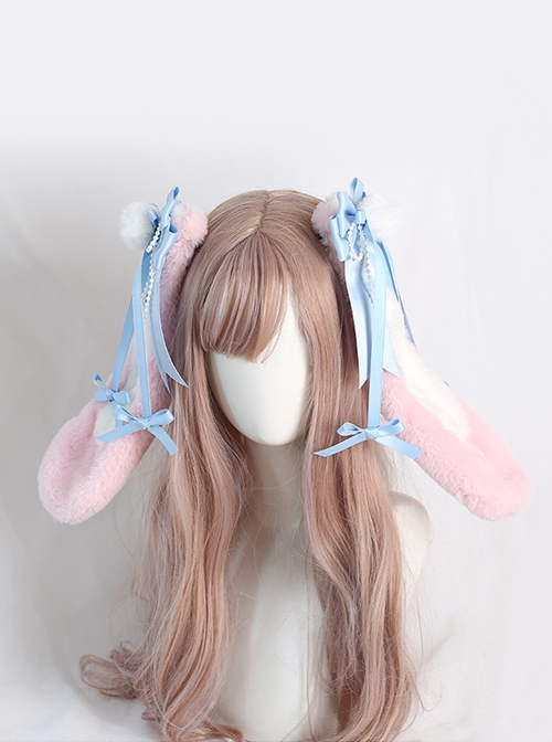 Pink-White Plush Rabbit Ears Detachable Blue Bowknot Cute Lop Eared Rabbit Sweet Lolita Hair Clip