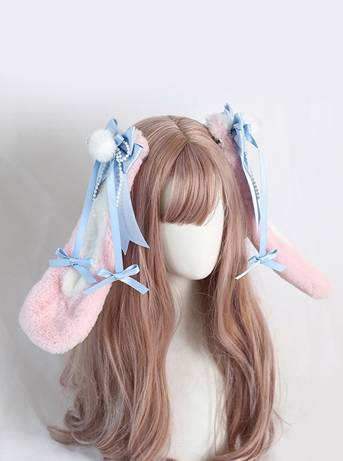 Pink-White Plush Rabbit Ears Detachable Blue Bowknot Cute Lop Eared Rabbit Sweet Lolita Hair Clip