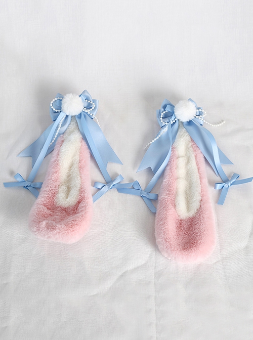 Pink-White Plush Rabbit Ears Detachable Blue Bowknot Cute Lop Eared Rabbit Sweet Lolita Hair Clip