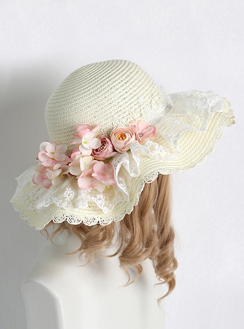 Pastoral Style Grass Woven Wide Brim Spring Outing Photo Sunscreen Flower Decoration Lace Sweet Lolita Hat