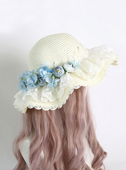 Pastoral Style Grass Woven Wide Brim Spring Outing Photo Sunscreen Flower Decoration Lace Sweet Lolita Hat