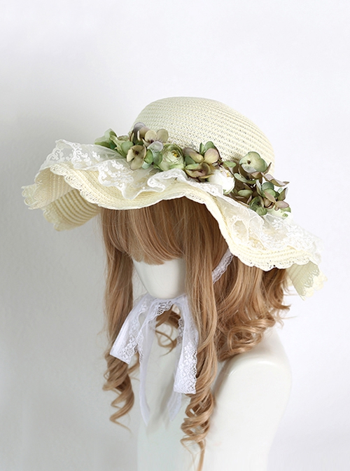 Pastoral Style Grass Woven Wide Brim Spring Outing Photo Sunscreen Flower Decoration Lace Sweet Lolita Hat