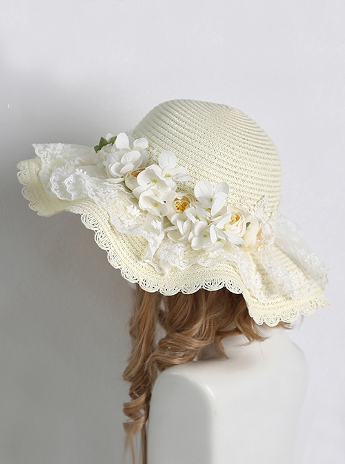 Pastoral Style Grass Woven Wide Brim Spring Outing Photo Sunscreen Flower Decoration Lace Sweet Lolita Hat