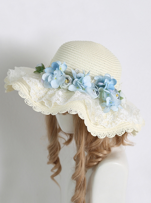 Pastoral Style Grass Woven Wide Brim Spring Outing Photo Sunscreen Flower Decoration Lace Sweet Lolita Hat