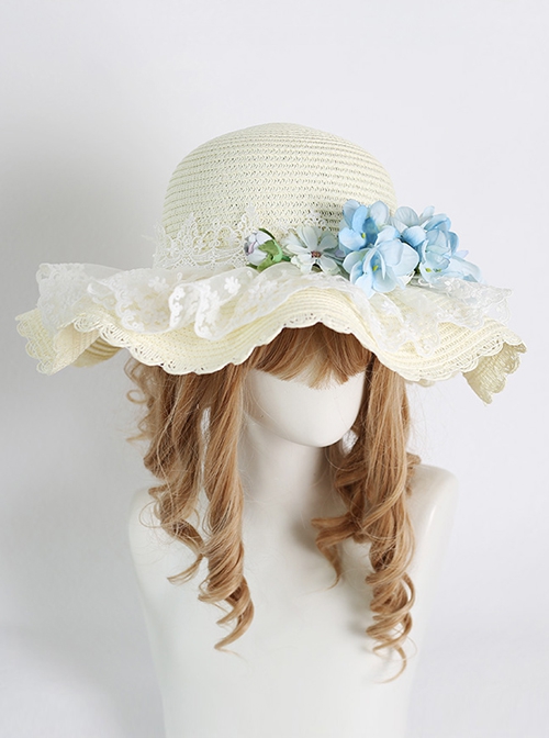 Pastoral Style Grass Woven Wide Brim Spring Outing Photo Sunscreen Flower Decoration Lace Sweet Lolita Hat