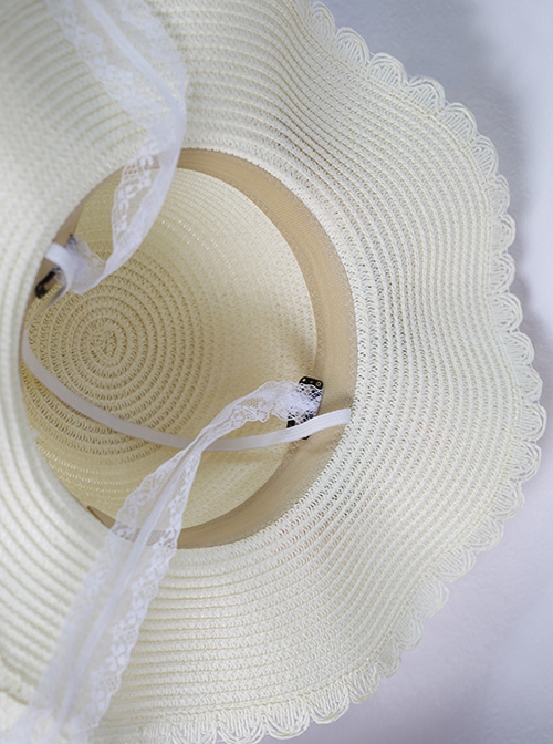 Pastoral Style Grass Woven Wide Brim Spring Outing Photo Sunscreen Flower Decoration Lace Sweet Lolita Hat