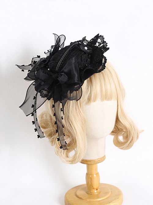 Black Retro Elegant Butterfly Heart Ribbon Bowknot Lace Tea Party Classic Lolita Top Hat